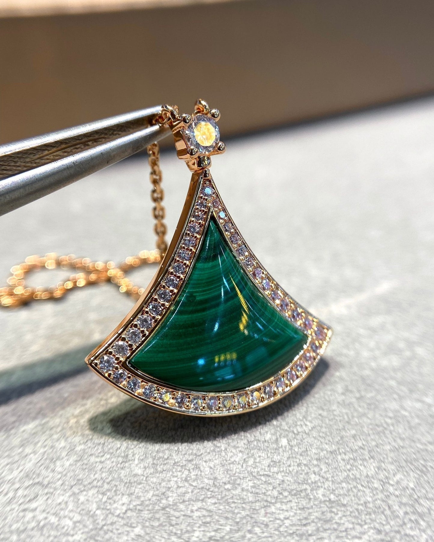 [Vicky]DREAM MALACHITE DIAMOND PAVED PINK GOLD NECKLACE