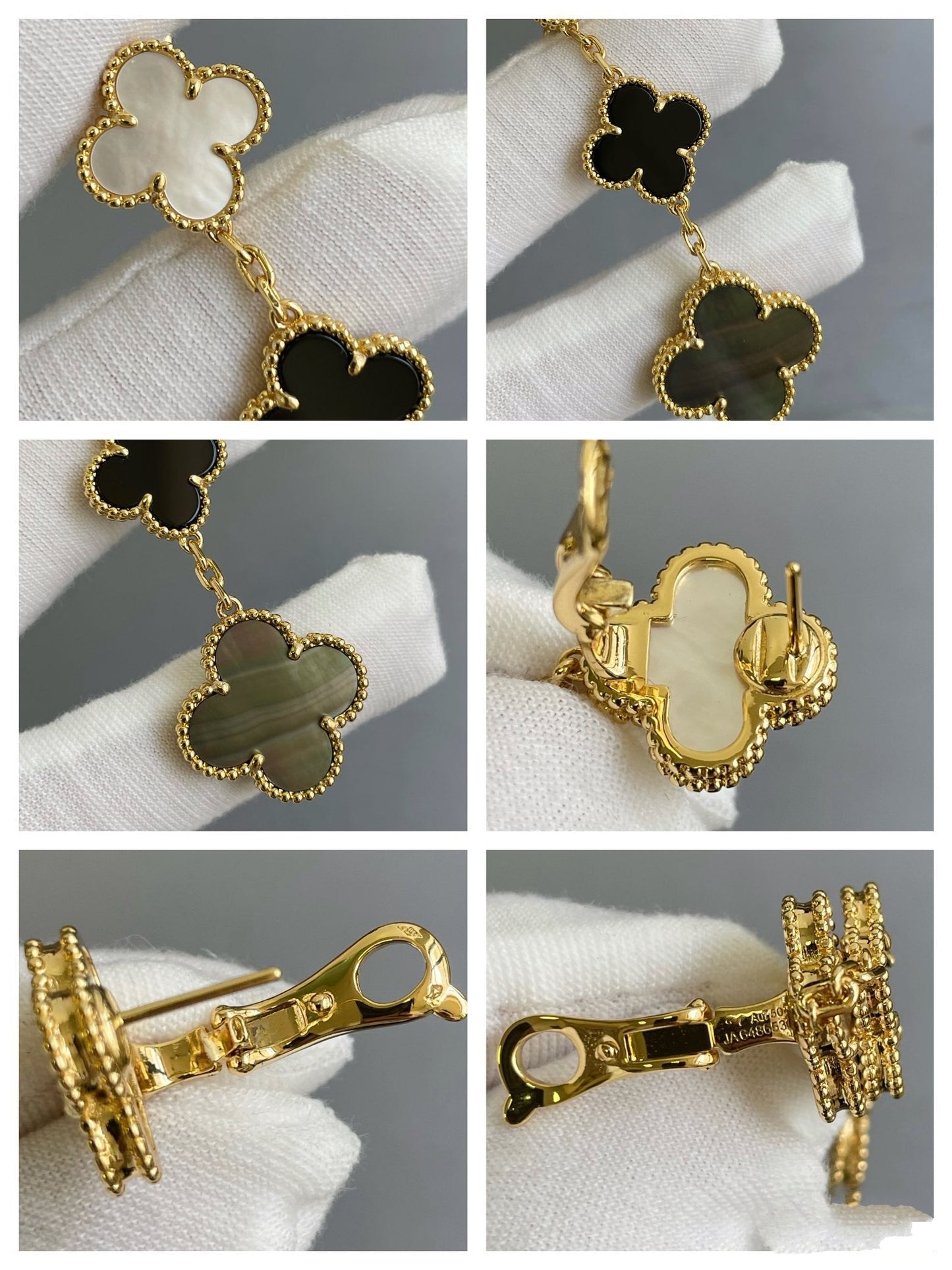 [Vicky]CLOVER 3 MOTIF MOP ONYX DARK MOP PINK GOLD EARRINGS
